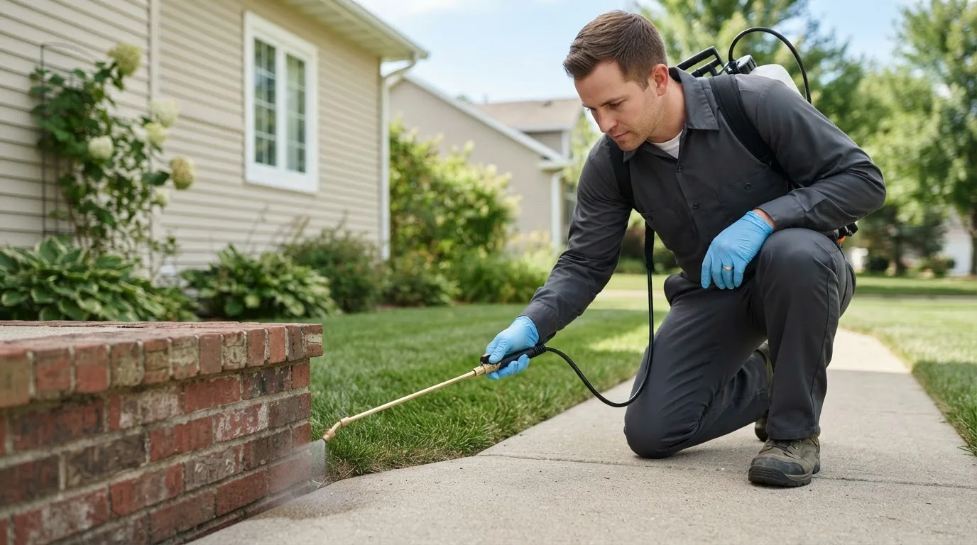 Pest control technician treating a home near Romulus, MI