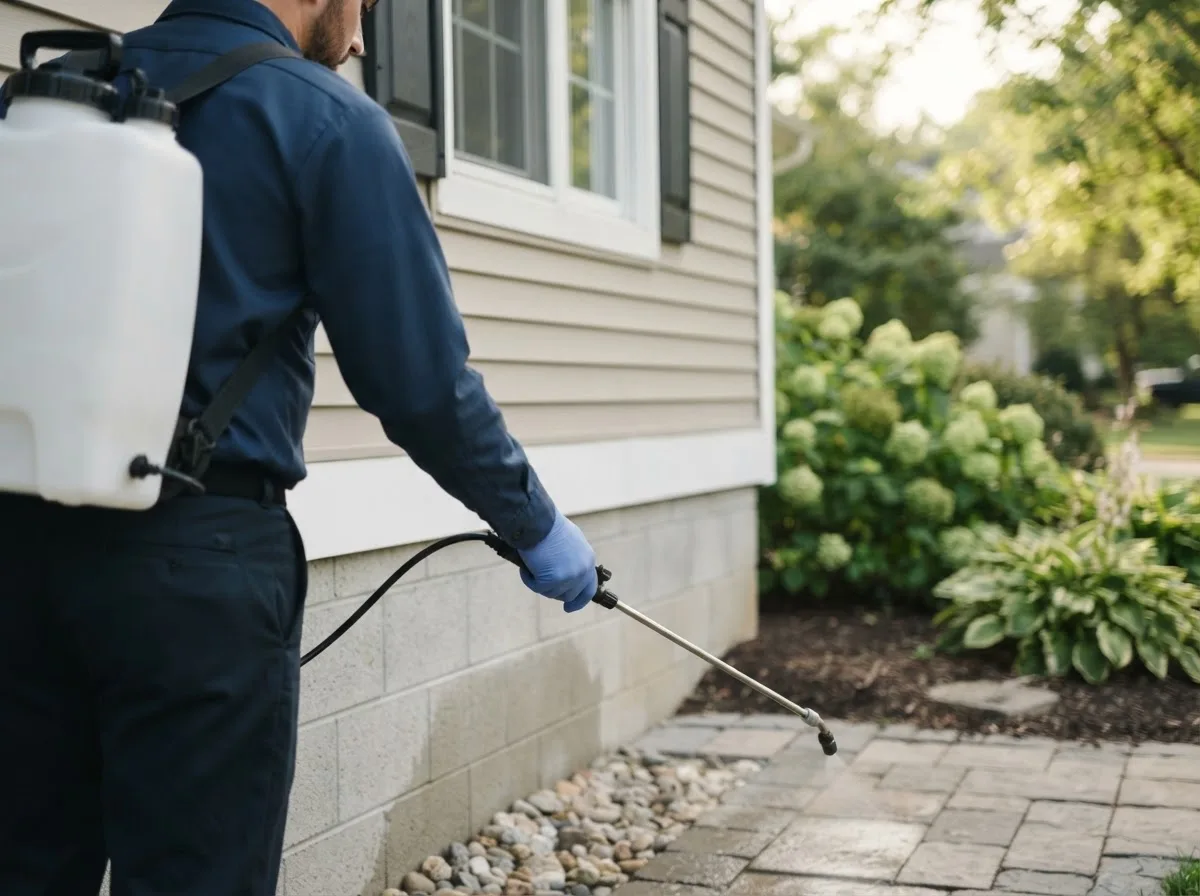 Pest control technician inspecting a home in Romulus, MI